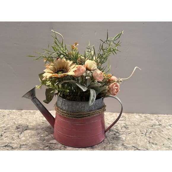 Spring Floral Arrangement in Metal Watering Can - Farmhouse Beach Rustic Decor - Picture 6 of 7